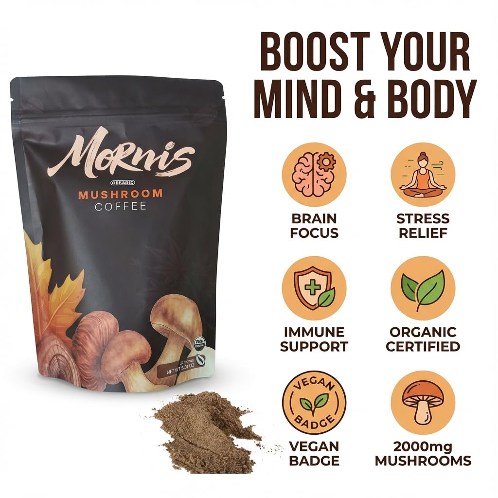 Mornis Organic Mushroom Coffee 2000mg, Organic Instant Coffee with 6 Adaptogenic Mushrooms (Lion’s Mane & Turkey Tail), with MCT Oil & Coconut, for Focus, Energy, Digestion & Immune Support, 30 Servings