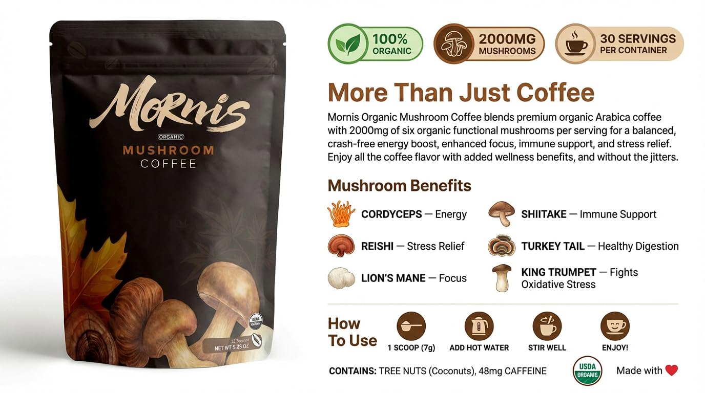 Mornis Organic Mushroom Coffee 2000mg, Organic Instant Coffee with 6 Adaptogenic Mushrooms (Lion’s Mane & Turkey Tail), with MCT Oil & Coconut, for Focus, Energy, Digestion & Immune Support, 30 Servings