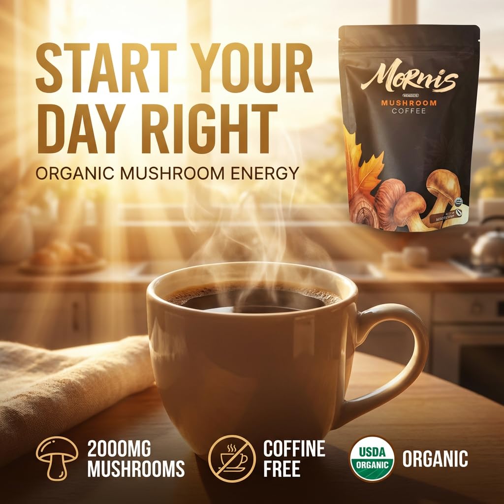 Mornis Organic Mushroom Coffee 2000mg, Organic Instant Coffee with 6 Adaptogenic Mushrooms (Lion’s Mane & Turkey Tail), with MCT Oil & Coconut, for Focus, Energy, Digestion & Immune Support, 30 Servings