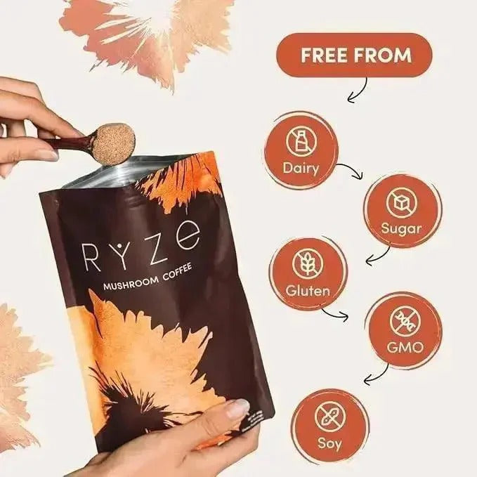 RYZE SUPERFOODS Mushroom Dark Roast Coffee , Instant Coffee with 6 Adaptogenic Mushrooms and Better Energy, Focus, Digestion, Immunity with Lions Mane & Turkey Tail 30 Serving Each