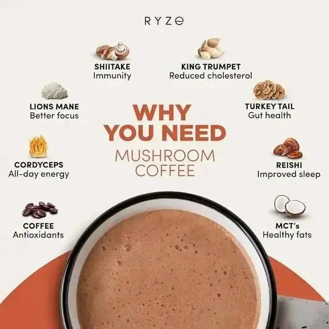 RYZE SUPERFOODS Mushroom Dark Roast Coffee , Instant Coffee with 6 Adaptogenic Mushrooms and Better Energy, Focus, Digestion, Immunity with Lions Mane & Turkey Tail 30 Serving Each